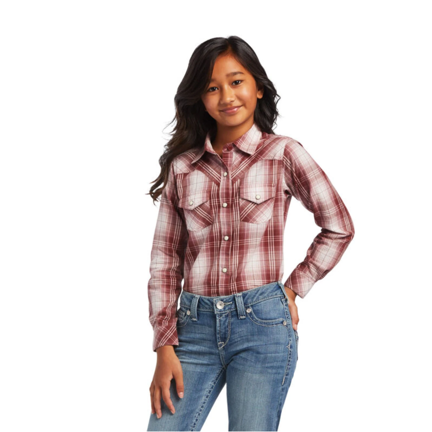 Ariat® Girls R.E.A.L™ Brown Plaid Snap Button Down Shirt 10040630 1 Ariat® Girls R.E.A.L™ Brown Plaid Snap Button Down Shirt 10040630