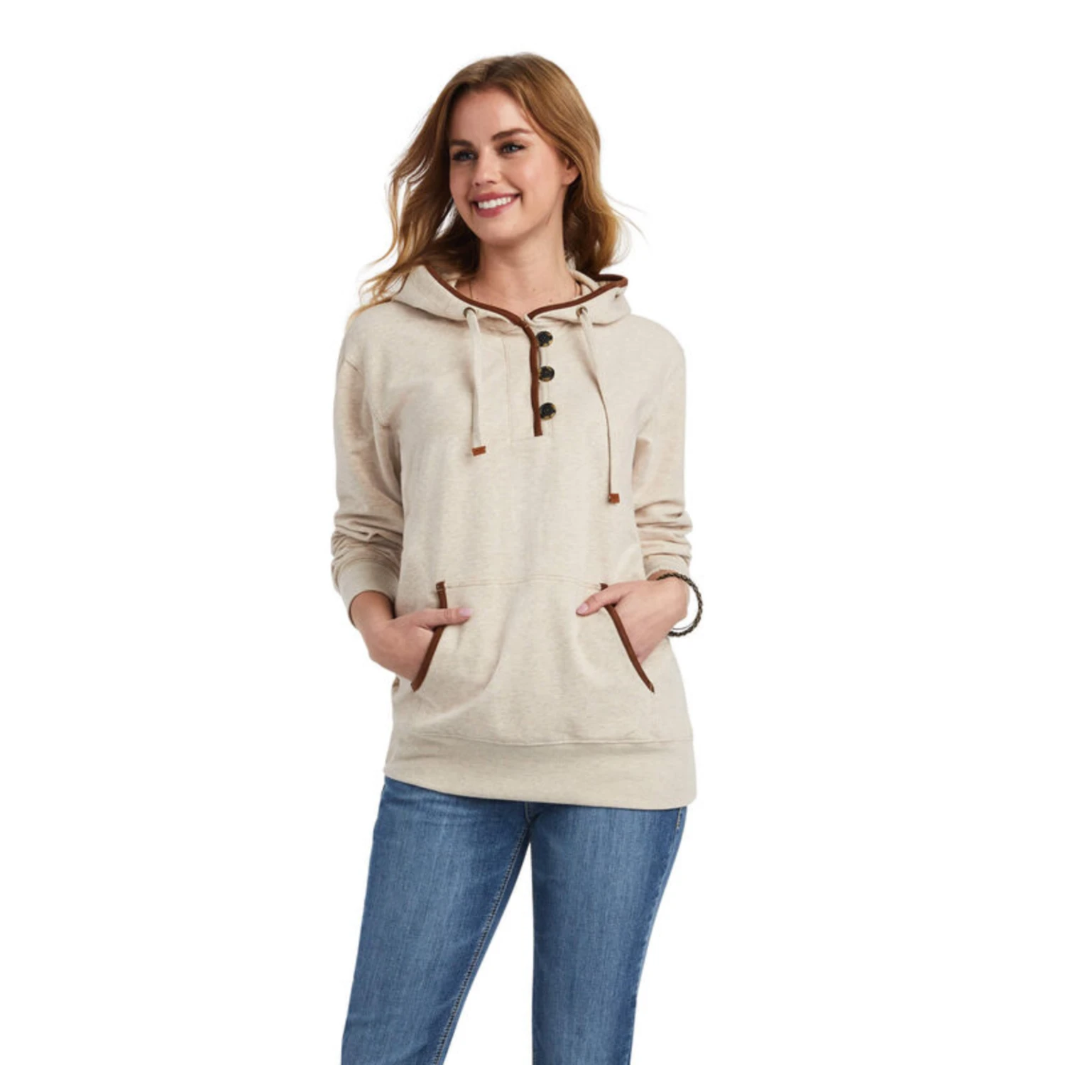 Ariat® Ladies R.E.A.L™ Oatmeal Heather Pullover Sweatshirt 10042239 1 Ariat® Ladies R.E.A.L™ Oatmeal Heather Pullover Sweatshirt 10042239