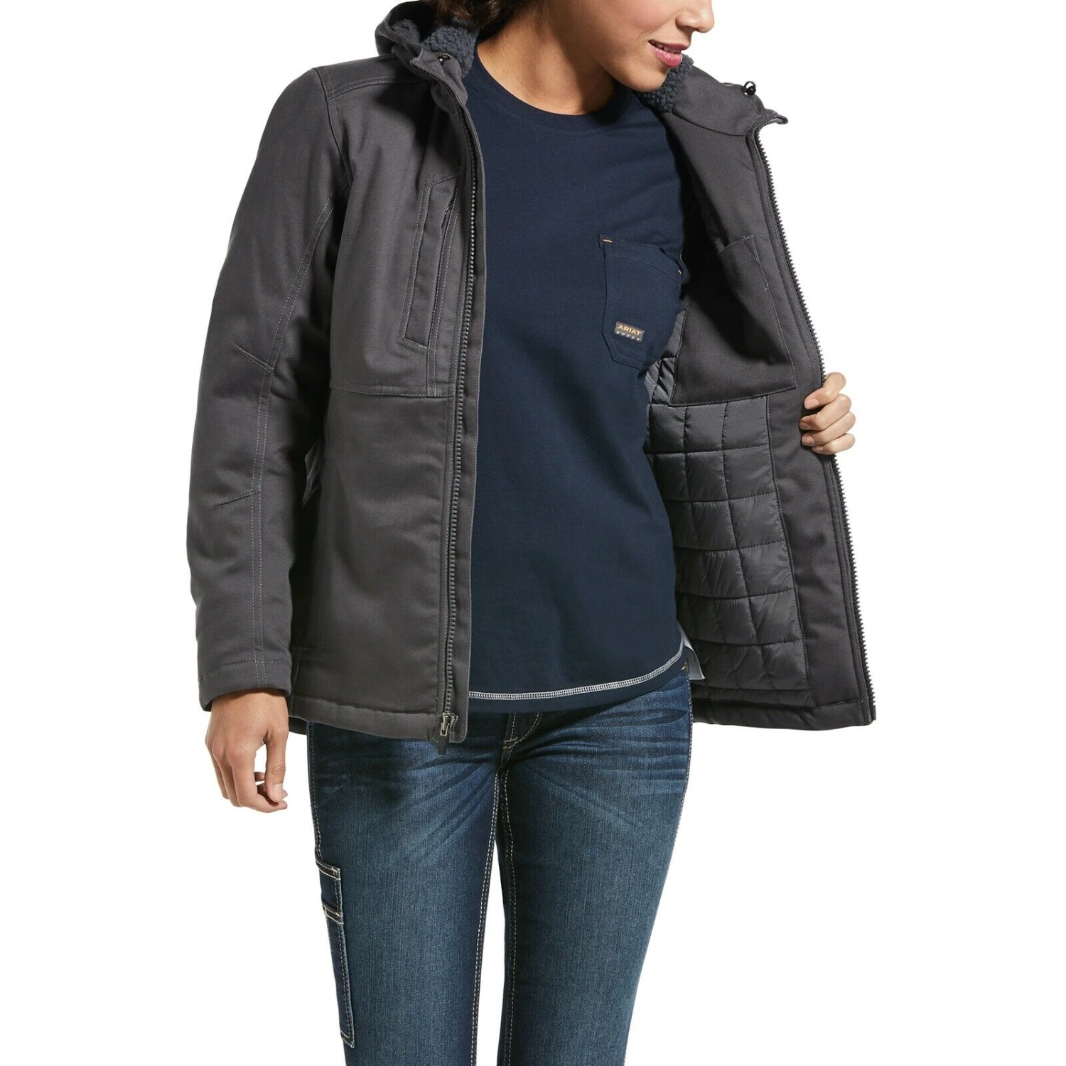 Ariat® Ladies Rebar™ DuraCanvas™ Insulated Grey Hooded Jacket 10032917 2 Ariat® Ladies Rebar™ DuraCanvas™ Insulated Grey Hooded Jacket 10032917 - Image 2