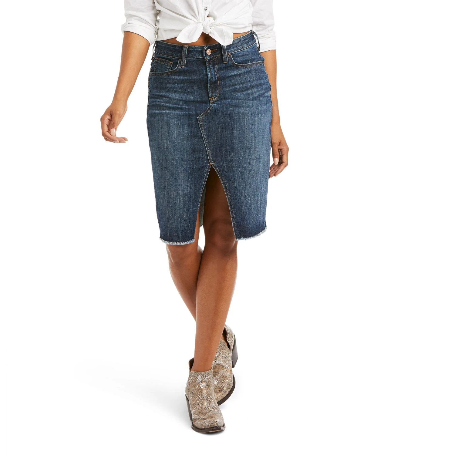 Ariat® Ladies Knee Length Denim Skirt 10036103 1 Ariat® Ladies Knee Length Denim Skirt 10036103