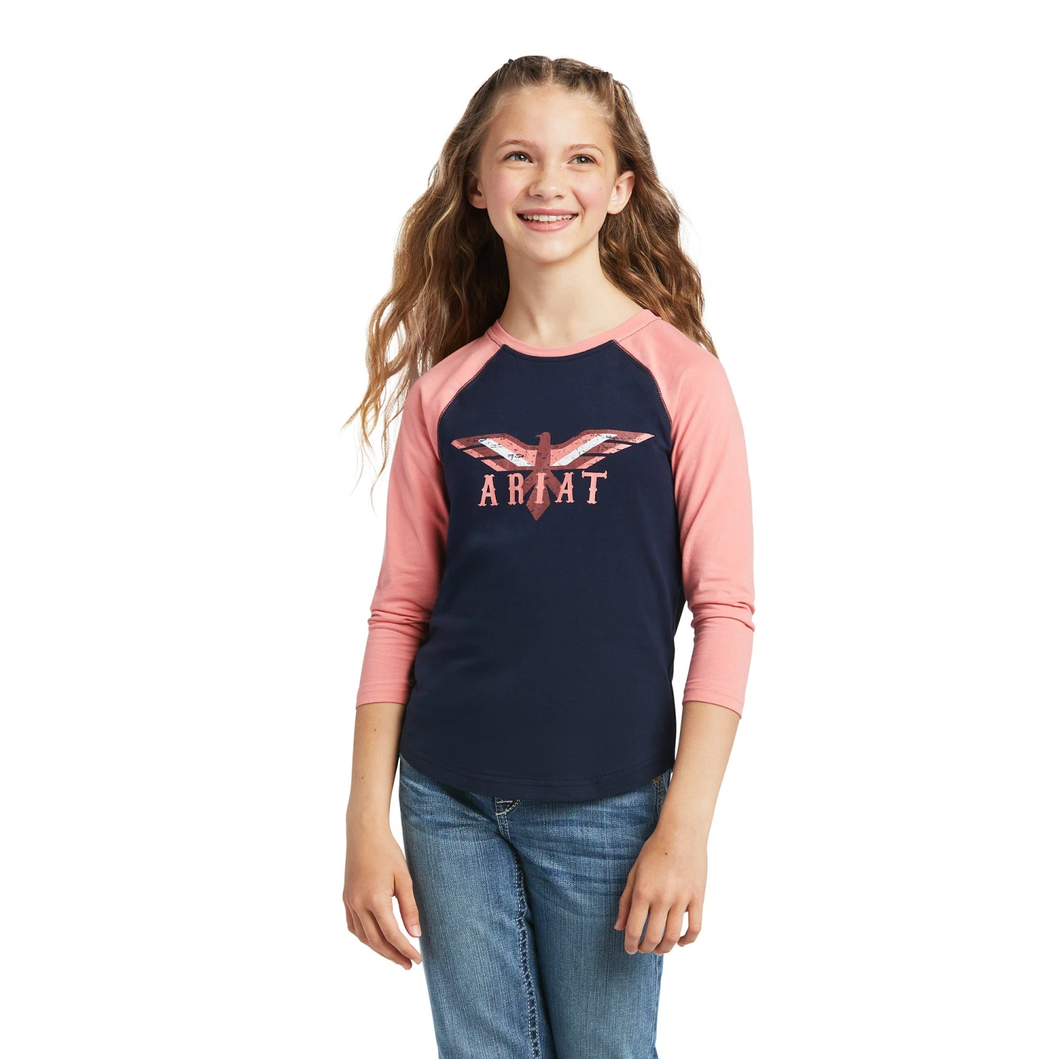 Ariat Girl's REAL Firebird Navy/Peach Blossom T-Shirt 10039501 1 Ariat Girl's REAL Firebird Navy/Peach Blossom T-Shirt 10039501